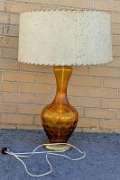 Vintage Dappled Amber Glass Lamp With Presumed Fiberglass Lamp Shade, Tested For Power, Does Not Include Bulb, 27.75" Tall