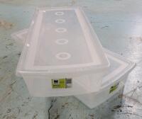 Two (2) 50L Stackable Omni Storage Bins w/Lids . Each Bin Measures 37"&times;15"&times;6.5"