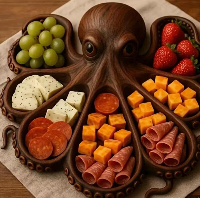 New Unique Octapus Shaped Wooden Charcuterie Serving Tray | Octopus & Seafood Themed Cheese, Meat & Fruit Platter Board - High-Quality Recycled Wood, Food-Safe, Gift for Seafood Lovers Approximately 10.62&rsquo;&rsquo; Stock photos added Sealed Box