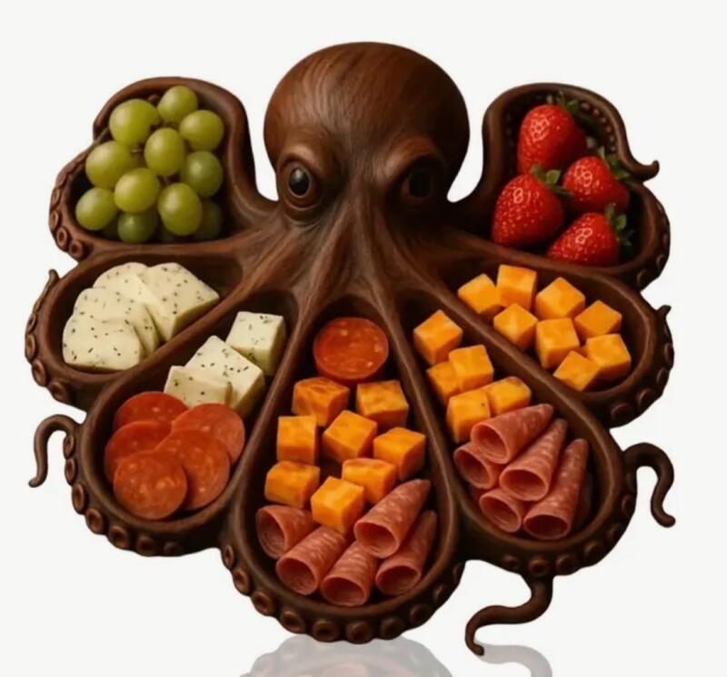 New Unique Octapus Shaped Wooden Charcuterie Serving Tray | Octopus & Seafood Themed Cheese, Meat & Fruit Platter Board - High-Quality Recycled Wood, Food-Safe, Gift for Seafood Lovers Approximately 10.62&rsquo;&rsquo; Stock photos added Sealed Box