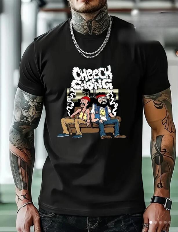 New Men's Size L Cheech & Chong Inspired Casual Short Sleeve T-Shirt with Retro 70s/80s Music Print Black & Iconic Movie Graphics, Comfortable Round Neck Tee Machine Washable Vintage Style Stock photos added