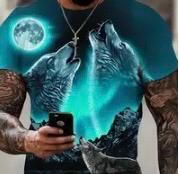 New Men's 3D Size Large Wolf Howling & Wolf Pack Graphic T-Shirt - Short Sleeve Casual Tee with Night Sky & Mountain Print Regular Fit Round Neck Machine Washable Polyester Top stock photo added