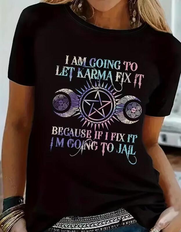 New Size Large Women's Design with "I Am Going to Let KARMA Fix It" Slogan, Short Sleeve Crew Neck Graphic T-Shirt - Black Casual Machine-Washable Top 100% Polyester Stock photos added
