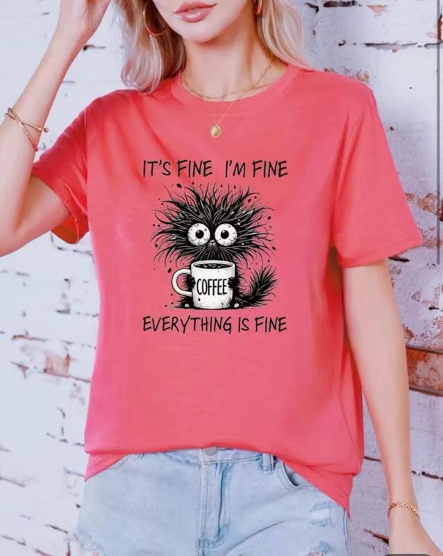 New Women's Size Large Cat Funny "It's Fine I'm Fine Everything is Fine" Graphic T-Shirt - Short Sleeve Round Neck Top with Playful Cat & Coffee Design Machine Wash 100% Polyester Stock photos added Rose Red