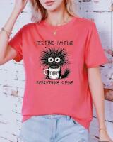 New Women's Size Large Cat Funny "It's Fine I'm Fine Everything is Fine" Graphic T-Shirt - Short Sleeve Round Neck Top with Playful Cat & Coffee Design Machine Wash 100% Polyester Stock photos added Rose Red