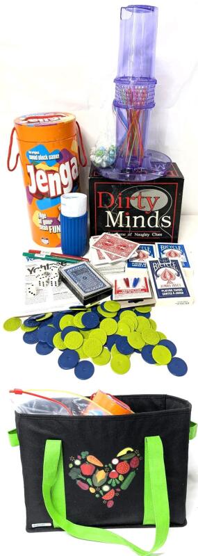 Vintage to Modern Games : Kerplunk, Yahtzee, Jenga, Dirty Minds, Assorted Card Decks & BJ Double Series Tokens in 11" &times; 17" &times; 10.75" Walmart Bin (Pieces/Cards Not Verified, Lot Sold As-Is)