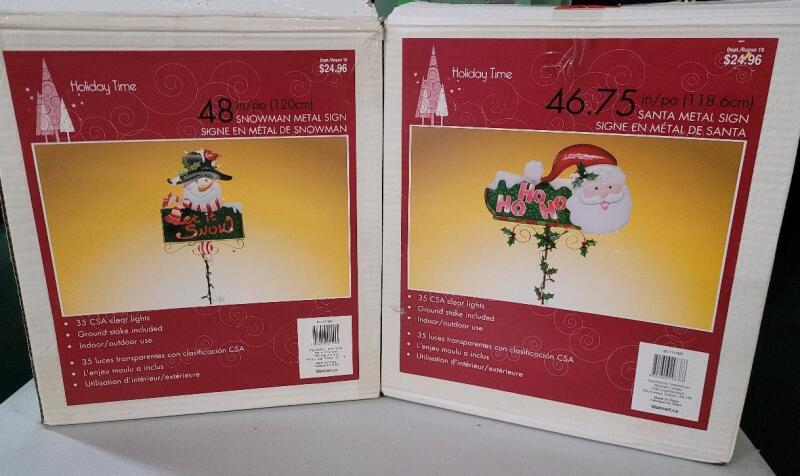 Two (2) Holiday Time 48" Metal Light-Up Christmas Signs . Snowman & Santa . Both Tested Working
