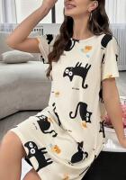 New Size XL Women's Cute Black Cats Elegant Sleep Dress - Light Beige Lounge Nightgown Soft Everyday Pajamas for Women, All-Season Comfortable Loungewear Cat Lovers Machine Wash 95% Polyester 5% Elastane stock photos added