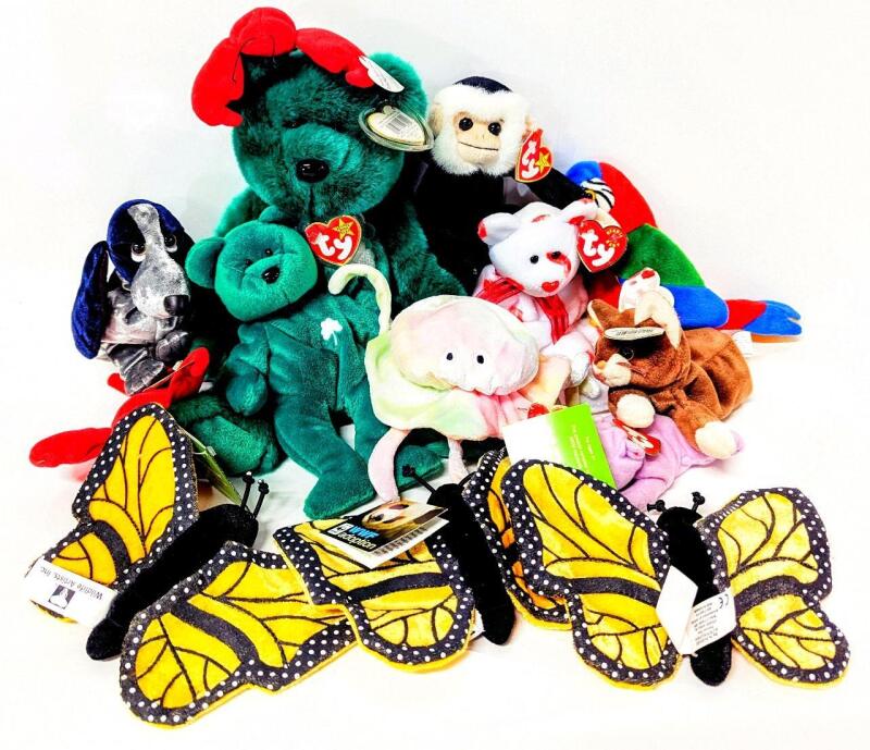 Vintage TY Beanie Buddy, Beanie Babies & Teenie Beanie Babies All With Heart Tags, 3&times; New 2912 WWF Adoption Monarch Butterfly Plushes & Limited Edition HUSH PUPPIES Applause Basset Hound Plush 6"