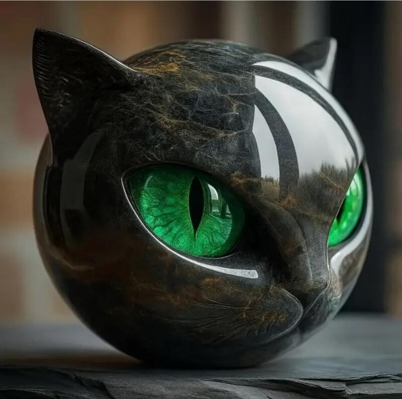 Luxury Hand-Carved Marble Texture Resin Black Cat Statue - Sculpture with Glowing Green Eyes, Elegant Marbled Style<br/>Approximately 3.5&rsquo;&rsquo;