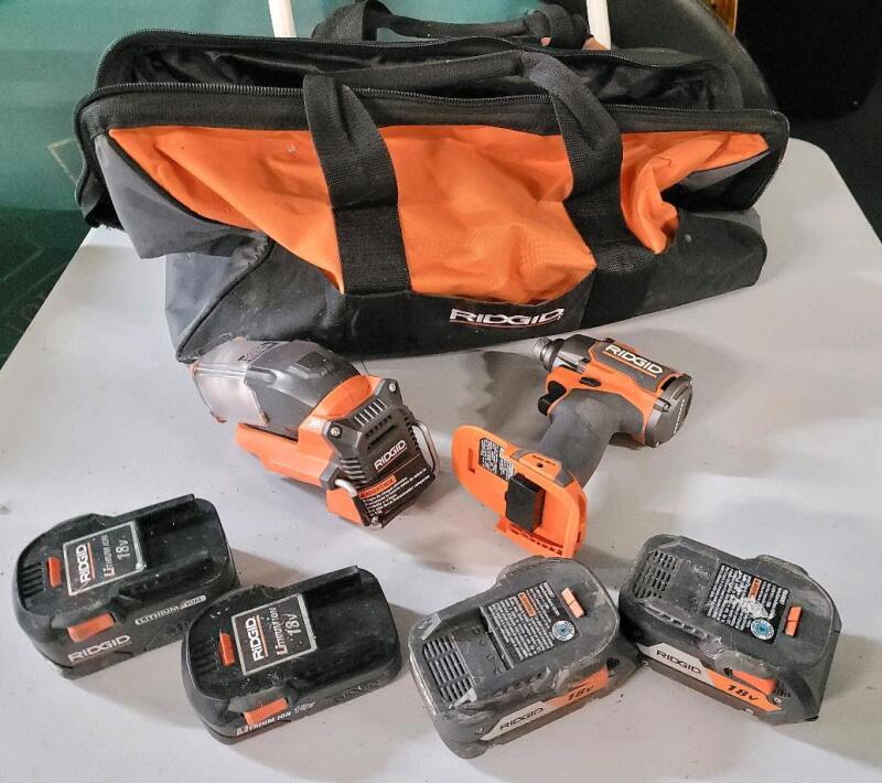 Ridgid Tool Lot . Ridgid Tool Bag , Ridgid Cordless Impact Drill , Ridgid Cordless Light & Four (4) 18V Batteries (NO Charger)