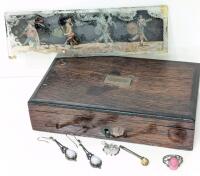 Vintage Stamped Sterling Size 8 Pink Glass Cameo Ring, Stamped 925 Drop Earrings, Signed Presumed Citrine Pin, Signed "18" Pendant, Vintage Glass Lantern Adventure Slide, With Lined Lacquered Wood Box: