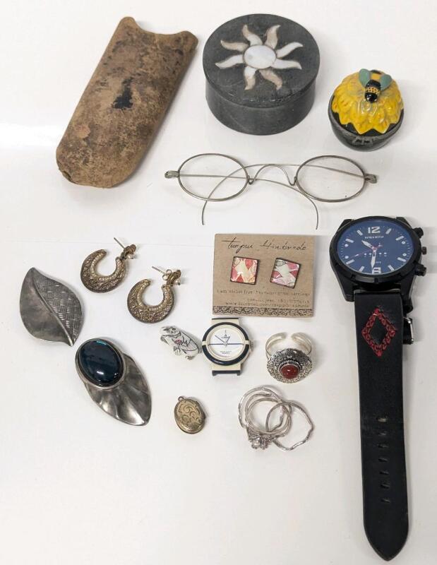 Antique Wire-Arm Glasses With Case, 2.4" Carved Genuine Soapstone Trinket Box, Frog Puzzle Ring, Filigree Earrings, 2 Shoe Caps, Signed Gold-Filled Locket+