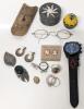Antique Wire-Arm Glasses With Case, 2.4" Carved Genuine Soapstone Trinket Box, Frog Puzzle Ring, Filigree Earrings, 2 Shoe Caps, Signed Gold-Filled Locket+
