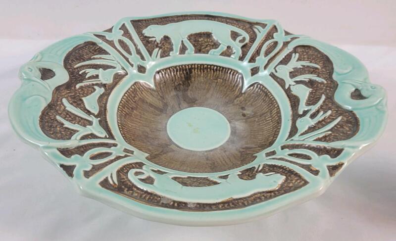 Vintage MCM Burgess & Leigh Burleigh Green Turquoise Earthenware Pottery Footed Bowl. Measures 13" diameter . No chips , crazing present