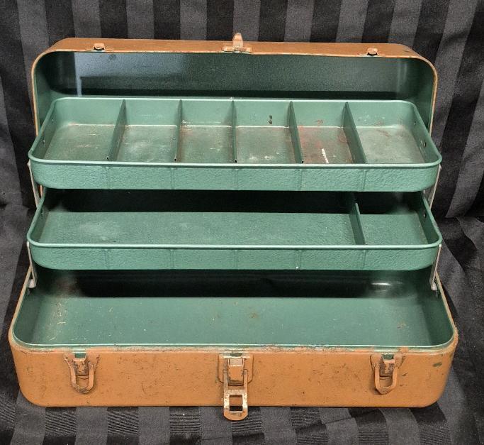 Vintage Metal Fishing Tackle Box 15" x 6.5" x 6.5"