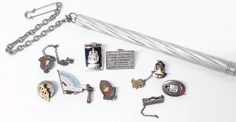 8 Vintage Pins, Incl 5&times; Stamped Sterling, 1&times; Whose Backing Stamped Sterling, Up To 1" Long & Old Pinnable Pocket Thermometer Case With Screw-Off Bottom (10.25" Long)