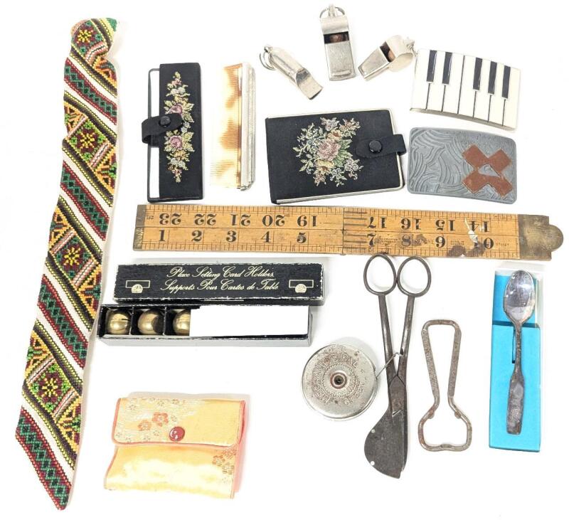 Assorted Vintage Catch-All Drawer Treasures: Whistles, Stitch Art Tie Bookmark, Petit Point Comb & Hygiene/Sewing Kit, Folding Rabone Ruler, Wick Trimmer, Mechanic's Pal 6ft Tape Measure +