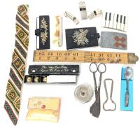 Assorted Vintage Catch-All Drawer Treasures: Whistles, Stitch Art Tie Bookmark, Petit Point Comb & Hygiene/Sewing Kit, Folding Rabone Ruler, Wick Trimmer, Mechanic's Pal 6ft Tape Measure +