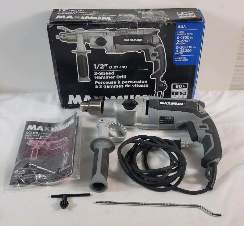 As New - MAXIMUM 8.5A Corded 2-Speed Hammer Drill with Keyed Chuck & Auxiliary Handle . Used One (1) Time . Retails New $164 . Tested Working .
