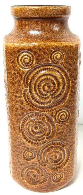 Striking MCM Vintage West Germany SCHEURICH Mustard Coloured Fossil Pattern Vase, #282-26, 10.5" Tall, Chip in Side