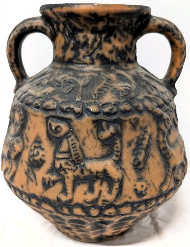 Fantastic Vintage Signed JASBA Germany Pottery Amphora Jug Vase With Stylized Animals Surrounding, #1 650 25, 9.75" Tall, No Cracks, Small Shallow Chips Throughout