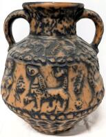 Fantastic Vintage Signed JASBA Germany Pottery Amphora Jug Vase With Stylized Animals Surrounding, #1 650 25, 9.75" Tall, No Cracks, Small Shallow Chips Throughout