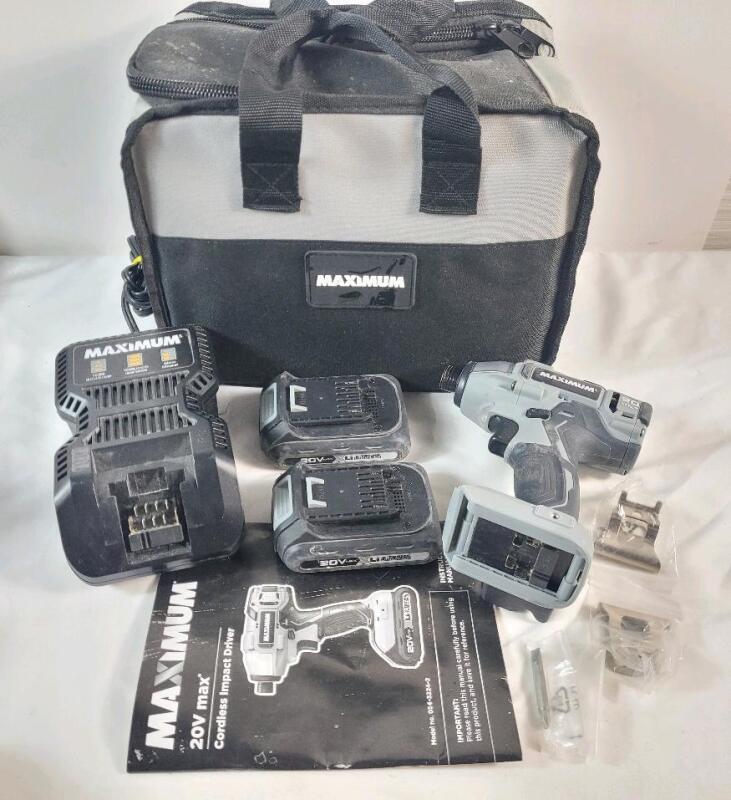 MAXIMUM 20V Max Lithium-Ion Cordless Impact Driver w/Two (2) Batteries , Charger & Case . Tested Working . Retail New $120 (but with only one (1) battery)