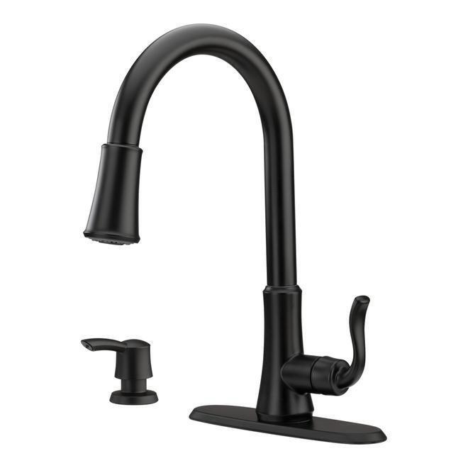 As-New Pfister Cagney Kitchen Faucet with Pull-Down Sprayer and Soap Dispenser, Matte Black - Retails for $199.99