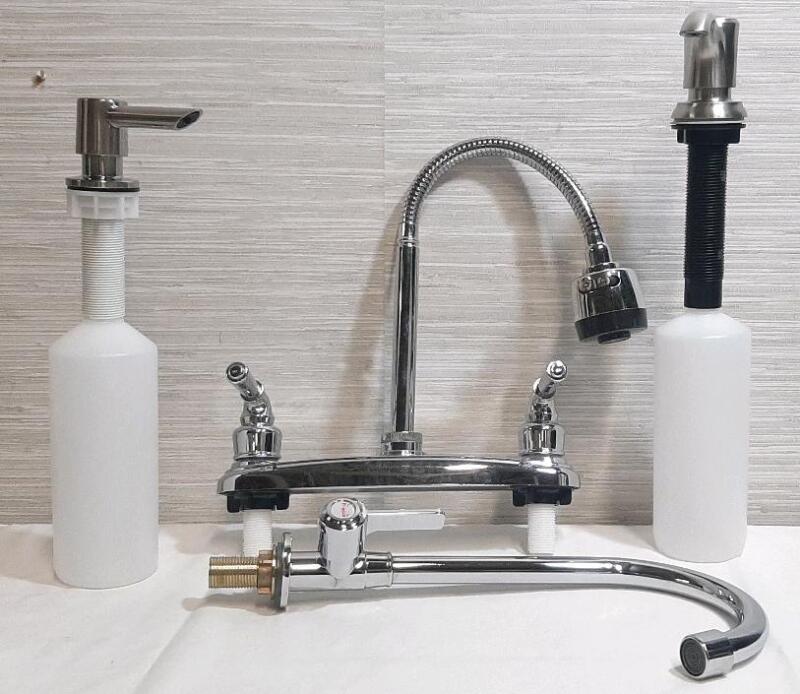 As New Kitchen Sink Lot, With Sink Top, Sink Faucet & Bottle Dispensers