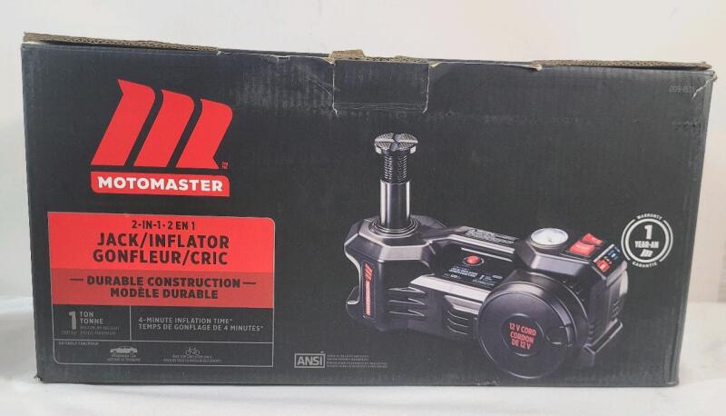 New - MotoMaster 2-in-1 12V 1-Ton Portable Jack & 120psi Tire Inflator . Retail $95