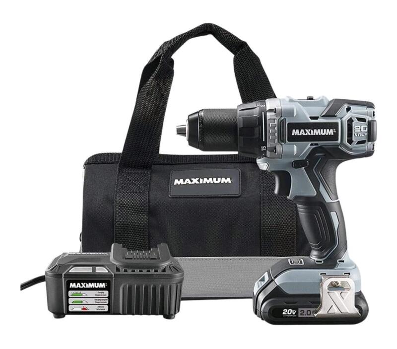 New - MAXIMUM 20V Max Lithium-Ion Cordless 1/2" Drill/Driver Kit with Battery, Charger & Case . Torque 450 in-lb . Retail $200 . See Description
