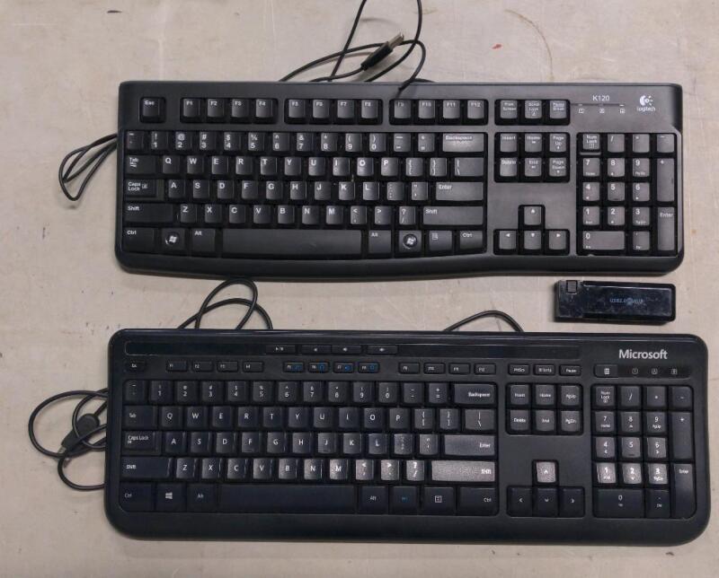 2 Full Size Keyboards, K120 Logitech, Microsoft, and USB Hub, Black