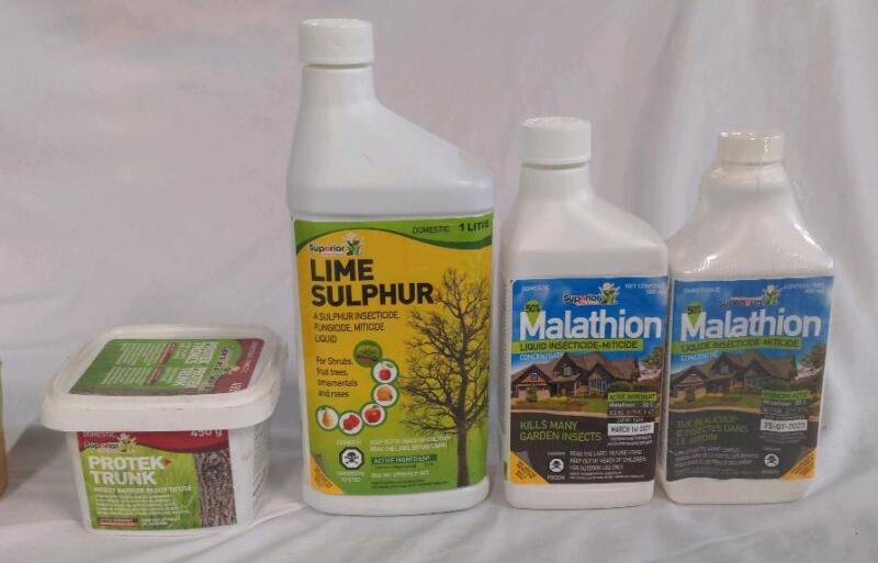Protek Trunk tree balm 450g, Superior Lime Sulphur 1 Litre, Superior Malathion 500ml [Exp. 03/01/27], Superior Malathion 500ml [Exp. 07/25/23], Combined Retail value of $100