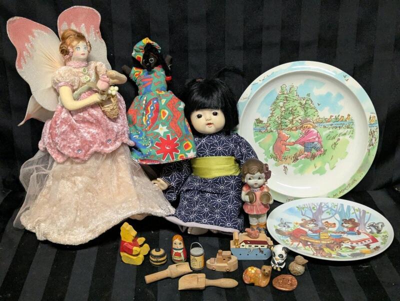Vintage Stocking/Pantyhose Fairy Doll 11.75", Japanese Vinyl & Cloth Doll, Reversible Americana Cloth Doll, Cold Painted Japanese Figure, Small Wood & Clay Figures+ 2&times; Plastic Children's Plates 6.5" - 8.5" Diameter
