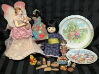 Vintage Stocking/Pantyhose Fairy Doll 11.75", Japanese Vinyl & Cloth Doll, Reversible Americana Cloth Doll, Cold Painted Japanese Figure, Small Wood & Clay Figures+ 2&times; Plastic Children's Plates 6.5" - 8.5" Diameter