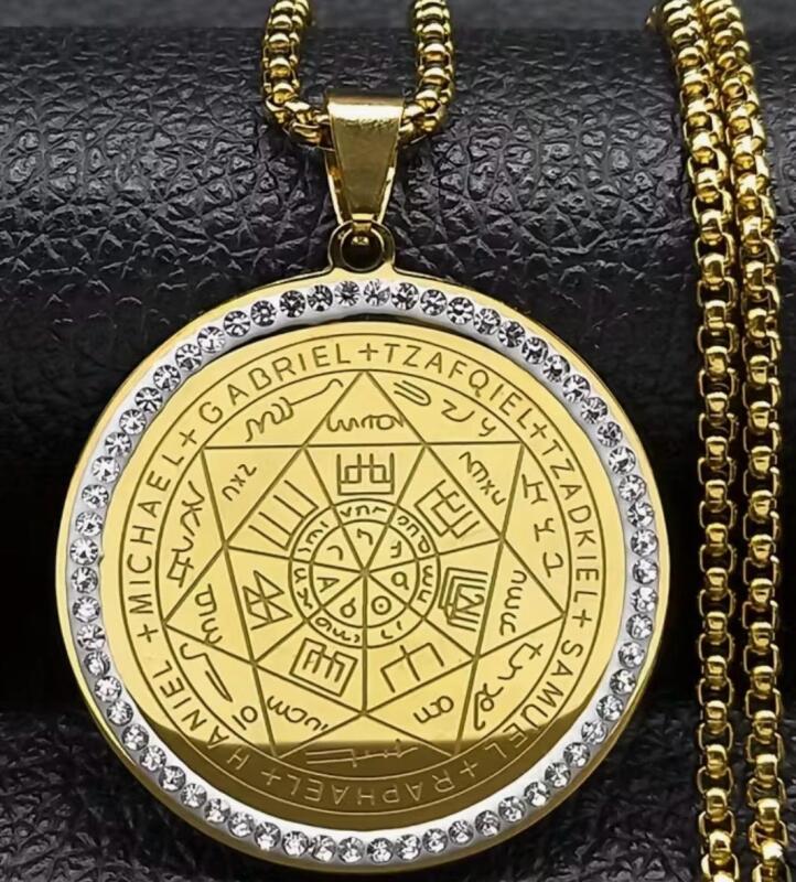 Stainless Steel Gilt Solomon Seal Protection Necklace with Seven Archangels Medal Chain 22&rsquo;&rsquo; 1.75&rsquo;&rsquo; Medallion with bale stock photos added
