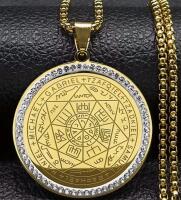 Stainless Steel Gilt Solomon Seal Protection Necklace with Seven Archangels Medal Chain 22&rsquo;&rsquo; 1.75&rsquo;&rsquo; Medallion with bale stock photos added