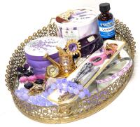 For the Ladies & Lavender Lovers! New BRONNLEY Lavender Dusting Powder, Lavender Fragrance Oil, Actual Lavenders Buds in Tin, Bangles, Crystocraft Table Clock With SWAROVSKI, Brooch, Chunk of Amerhyst + More With Brass Mirrored Tray (9.5" &times; 13.5")