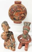 3 Vintage Reproduction Aztec/Inca Red Clay Figures & Vase, Up To 6.5" Tall, Flaking, Marks & Shallow Chips Present