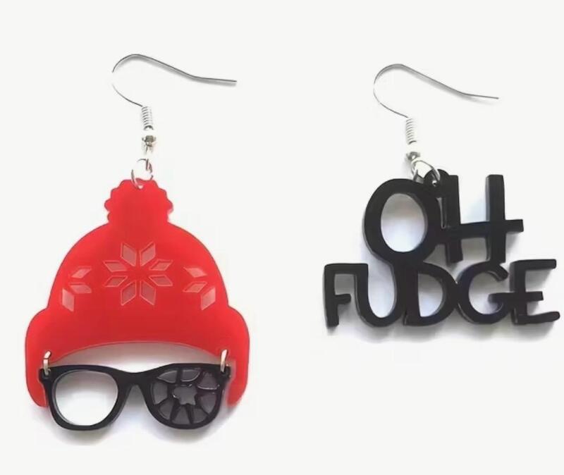 Festive OH FUDGE Christmas Hat Earrings - Lightweight Acrylic Asymmetric Dangles Christmas Story 2-2.5&rsquo;&rsquo; drop &lsquo;&rsquo;You'll shoot your eye out!" Ralphie stock photo added Light weight