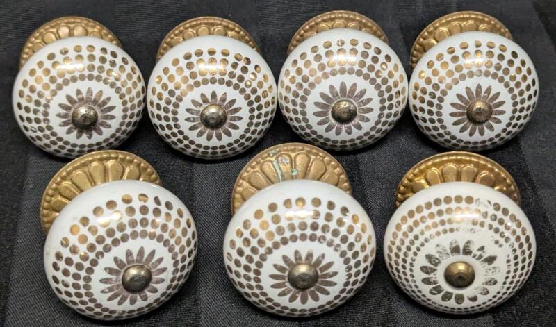 7 Porcelain Geometric Design Drawer Pulls / Cupboard Knobs, 1.75" Diameter, 3" Long Incl Screw, Marks, Wear & Chips Present