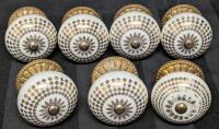 7 Porcelain Geometric Design Drawer Pulls / Cupboard Knobs, 1.75" Diameter, 3" Long Incl Screw, Marks, Wear & Chips Present