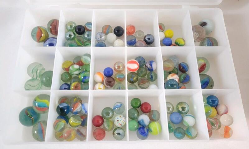Vintage to Modern Assorted Marbles w/Case . Various Sizes and Designs