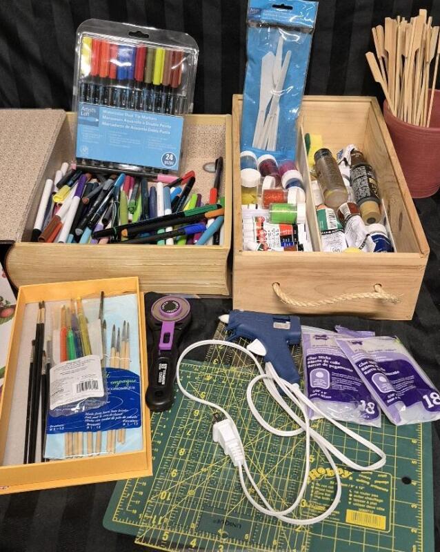 Large Artist/Crafter Lot - Paints, Markers, Paintbrushes, Glue Gun, & Crafting Mat ++