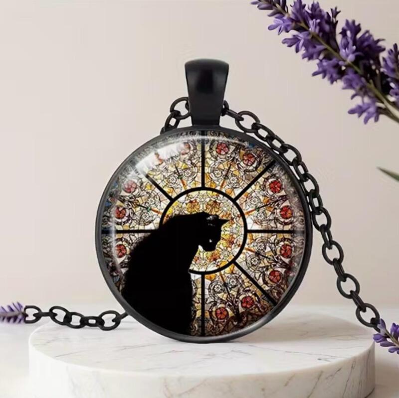 Beautiful Black Cat Glass Painting Art Illustration Black Japanned Style Pendant art illustration Fashion Pendant with Black Chain Round Pendant 1.25&rsquo;&rsquo; Chain 23&rsquo;&rsquo;