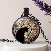 Beautiful Black Cat Glass Painting Art Illustration Black Japanned Style Pendant art illustration Fashion Pendant with Black Chain Round Pendant 1.25&rsquo;&rsquo; Chain 23&rsquo;&rsquo;
