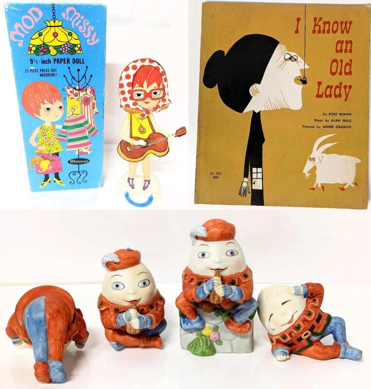 Vintage 1965 1st Printing "I Know An Old Lady" Children's Book, 1969 MOD MISSY 9.5" Paper Doll (25/27 Wardrobe Pieces) & 4 STAFFORD Mother Goose Porcelain Humpty Dumpty Figures Up to 4"