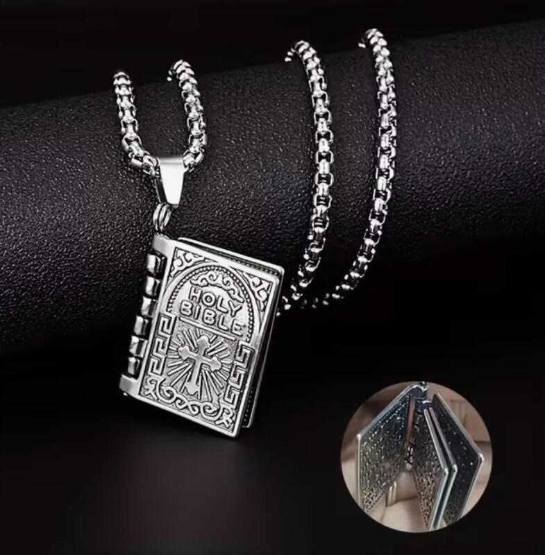 Faith Cross Bible Pendant Polished Textured Bible Prayer Hands & Faith Cross Pendant Necklace Pendant 1.25&rsquo;&rsquo; with bale Chain 23&rsquo;&rsquo; Opens