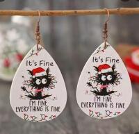 Creative Cat Large Teardrop Funny Sheppard Hook Earrings &lsquo;&rsquo;It&rsquo;s Fine I&rsquo;m Fine Everything is Fine&rsquo;&rsquo; 1.5&rsquo;&rsquo; drop Stock photos added Designed on front and back